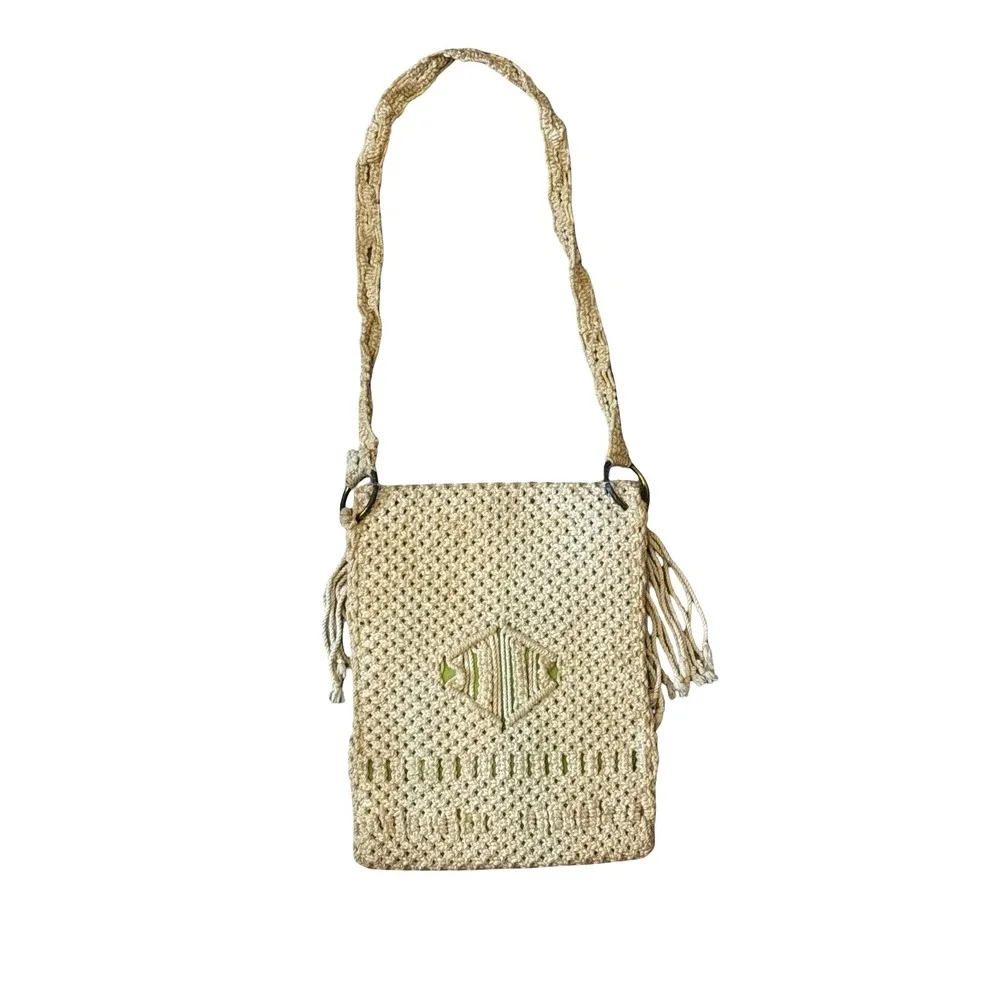 Vintage Macrame Fringe Crossbody Bag Cream Boho Woven Festival Purse Small